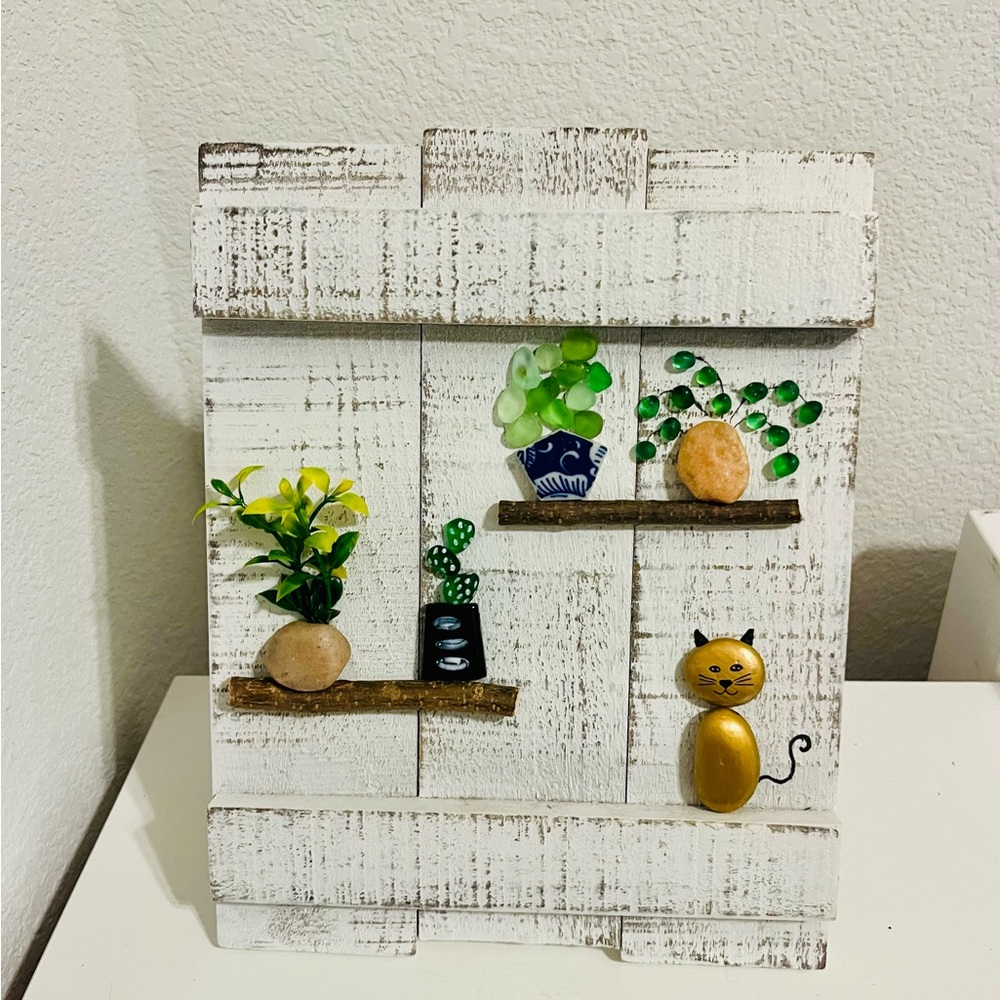 Rustic White Wall Decor with Gold Cat and Green Plants